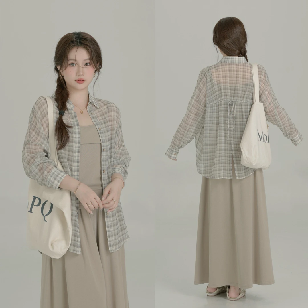 大婉酱微胖定制 韩系格纹衬衫夏季薄款气质休闲百搭开衫上衣5086D