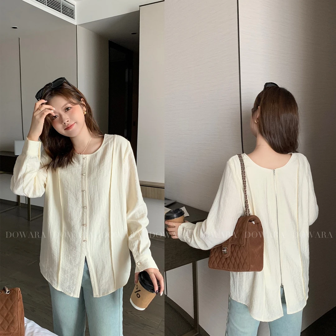 大婉酱微胖定制 设计感前后开叉圆领衬衫秋季高级感气质上衣7086D