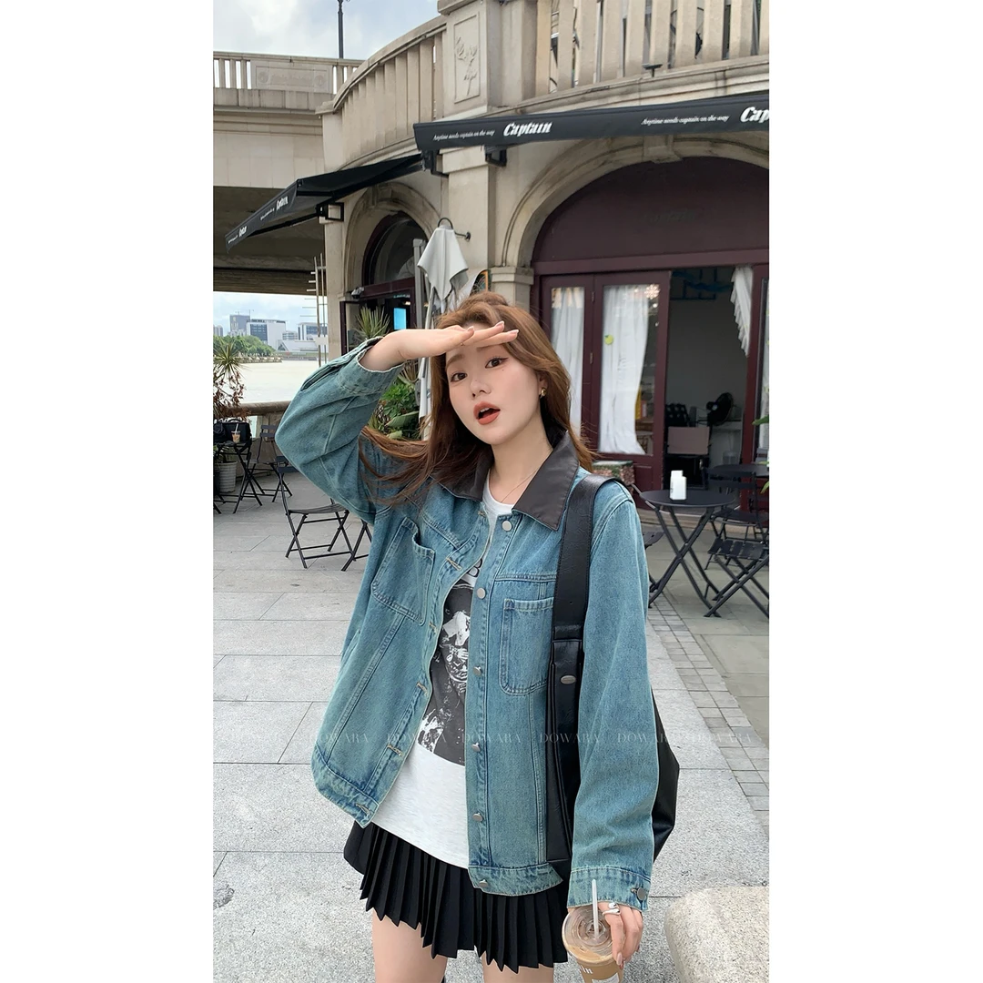 现货5439D大婉酱微胖定制蓝色韩版牛仔秋季宽松复古做旧短款夹克