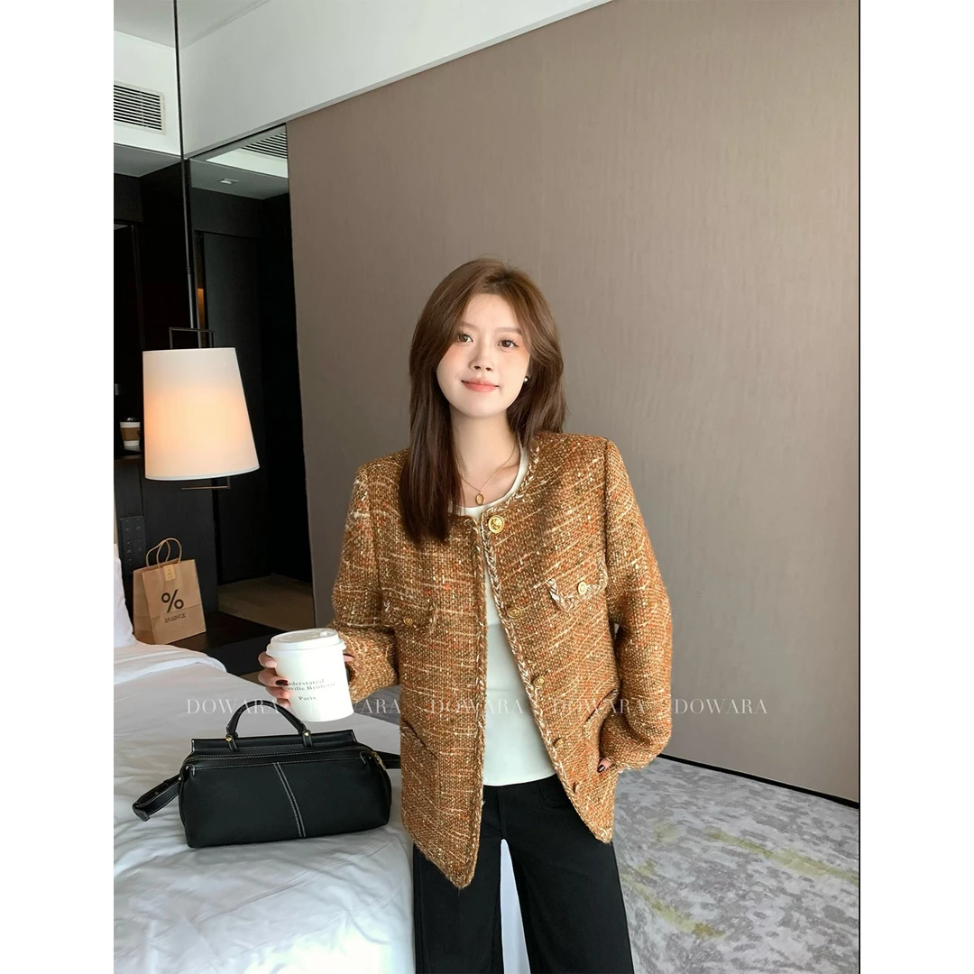 大婉酱微胖定制绵羊毛小香风外套女秋冬新款复古粗花呢上衣 5542D