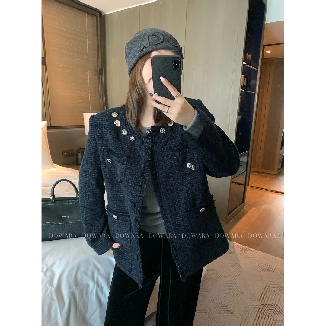 大婉酱微胖定制韩系粗花呢小香风外套冬季设计感复古短外套 7325D