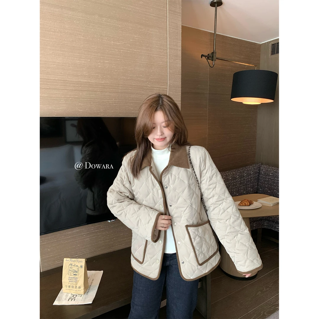 现货大婉酱微胖定制 翻领新款宽松休闲菱格定位长袖棉服外套5655D