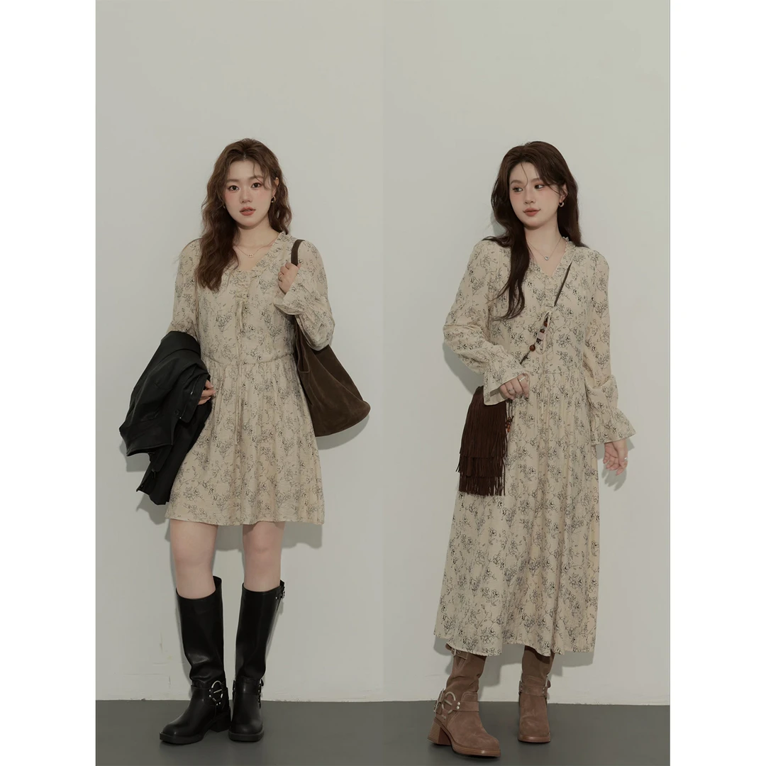 大婉酱微胖定制法式碎花连衣裙女2024早秋新款气质显瘦A字裙5242D