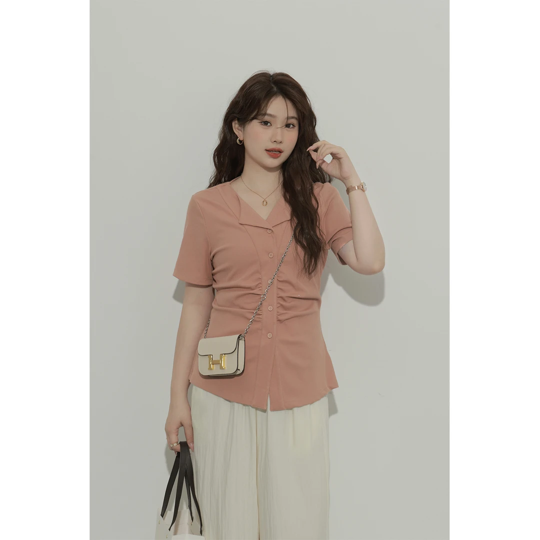 大婉酱微胖定制韩系设计感翻领针织衫女夏季v领气质显瘦上衣6143D