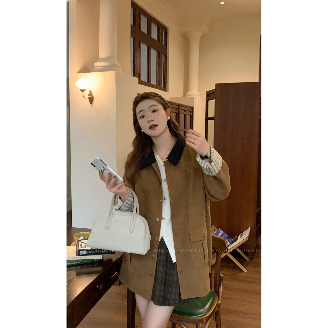 大婉酱微胖定制 灯芯绒外套女秋季美拉德设计感复古撞色上衣7132D