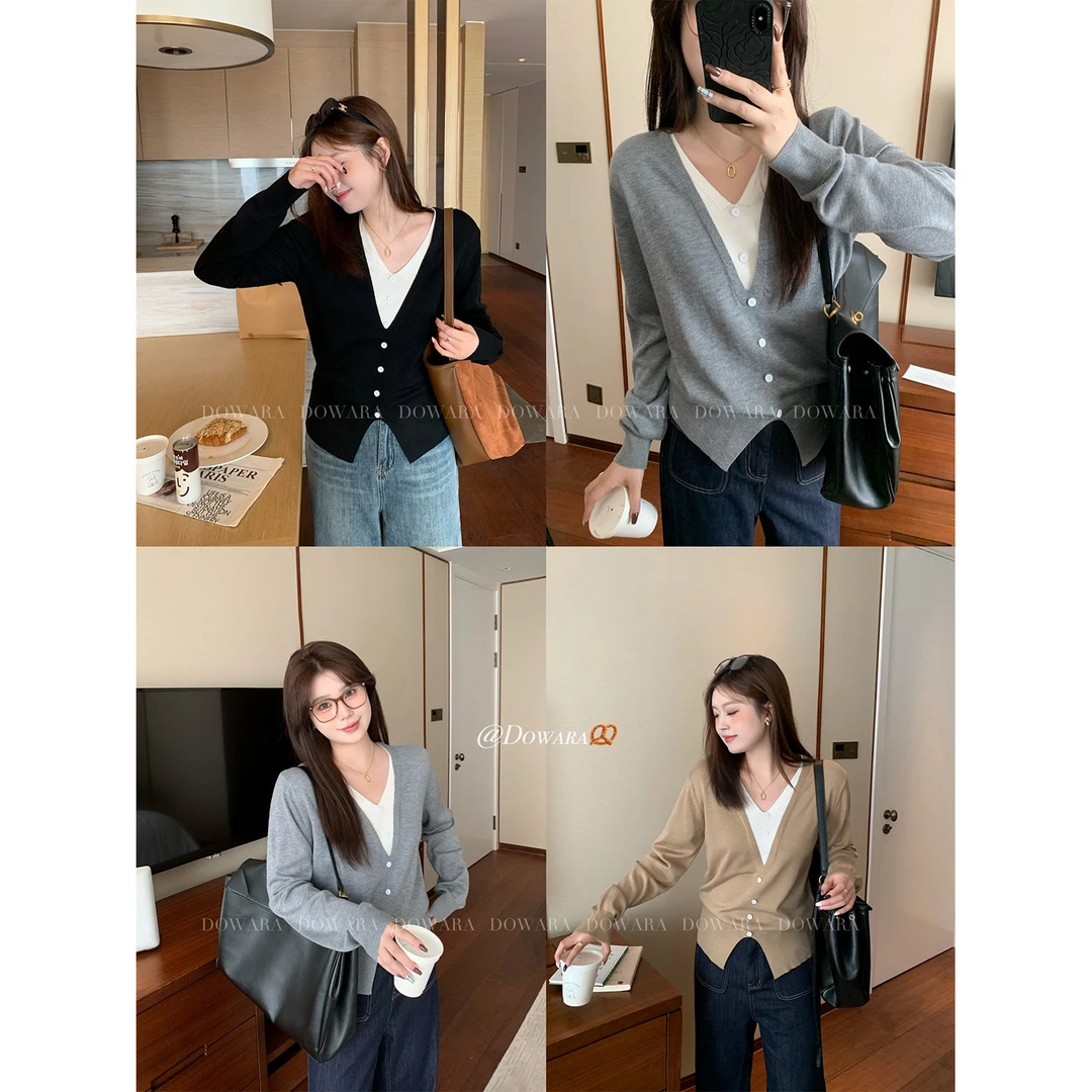 现货大婉酱微胖定制设计感假两件针织衫宽松显瘦V领打底上衣5699D