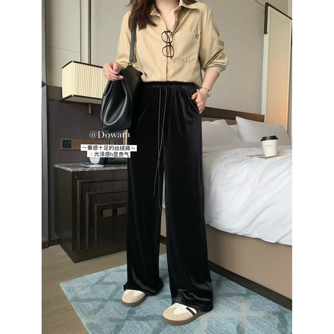 现货5418D大婉酱微胖定制 韩系百搭黑色丝绒裤松紧腰显瘦休闲长裤