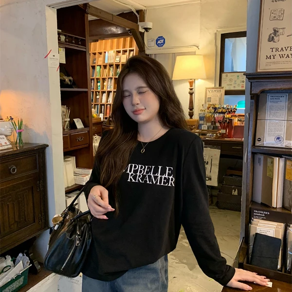 现货大婉酱微胖定制宽松休闲显瘦字母印花T秋季新款长袖上衣5410D