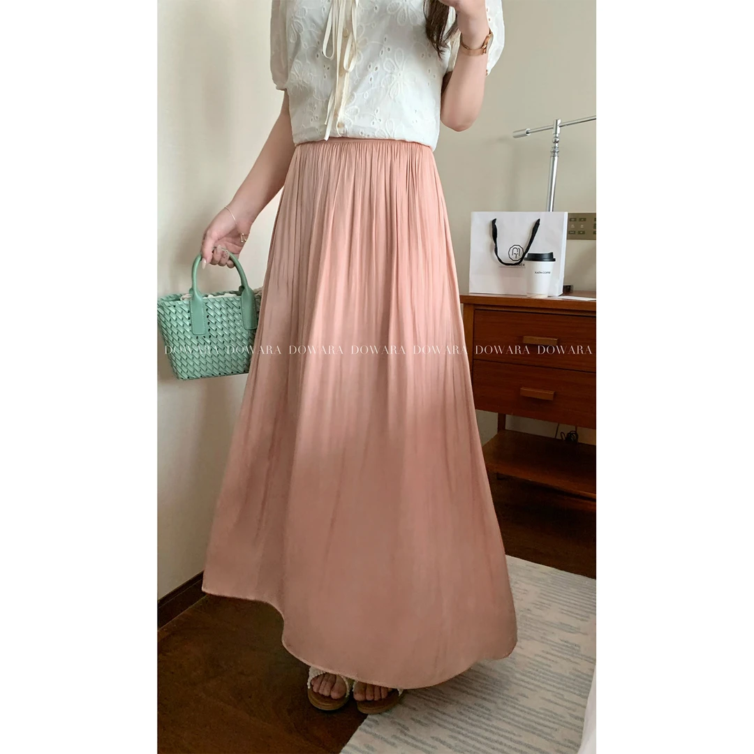 大婉酱微胖定制仿真丝松紧腰2024新款夏季韩版垂感显瘦A字裙6241D