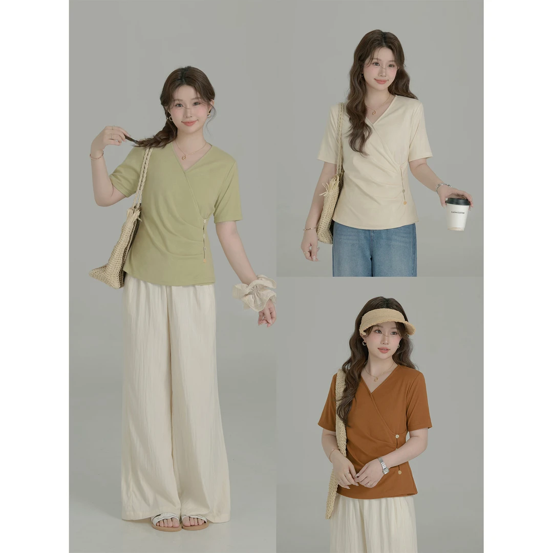 大婉酱微胖定制韩系纯色短袖T恤夏季设计感百搭气质显瘦上衣6217D