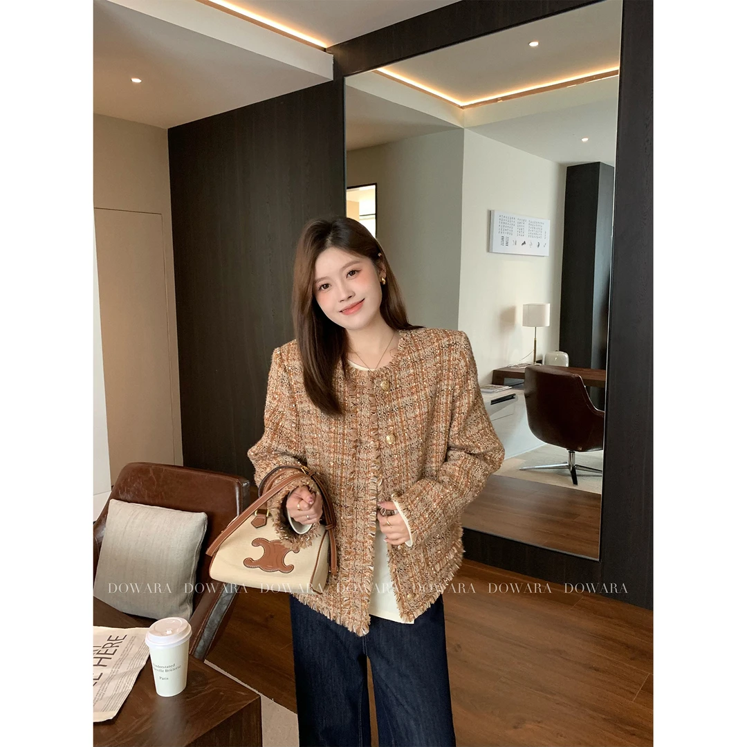 大婉酱微胖定制 韩版圆领小香风外套秋冬气质高级感粗花上衣5606D