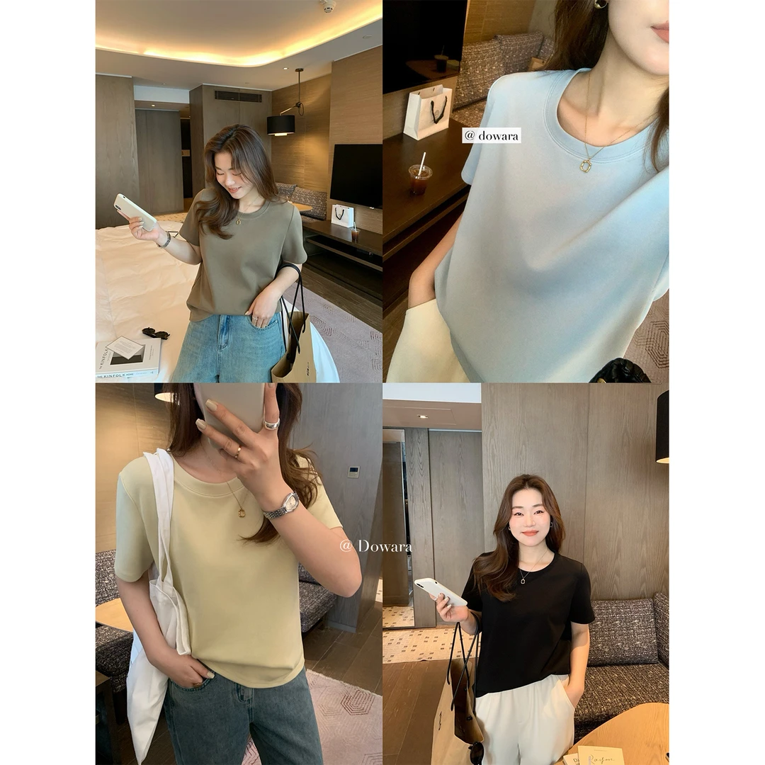 现货大婉酱微胖定制260g丝幕棉纯色T恤夏季多色圆领百搭上衣4729D