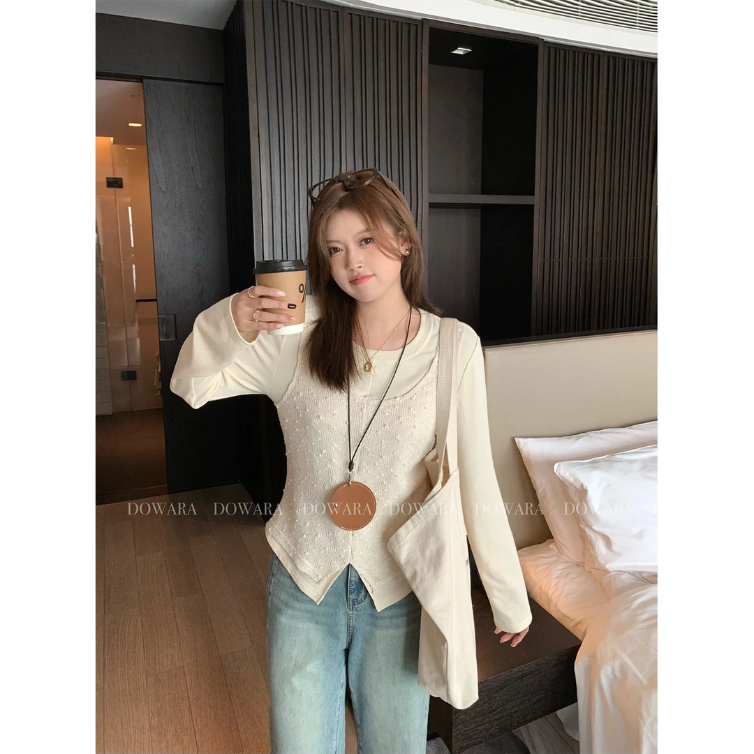 现货大婉酱微胖定制假两件蕾丝拼接T恤秋冬气质百搭打底上衣5634D