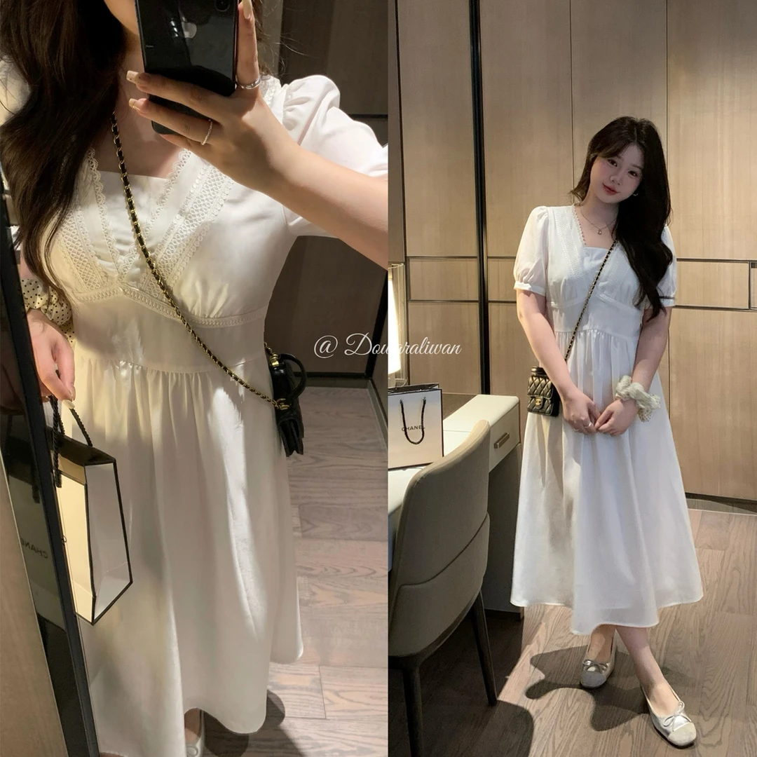 现货4807D大婉酱微胖定制法式复古温柔风女夏季花边拼接V领连衣裙