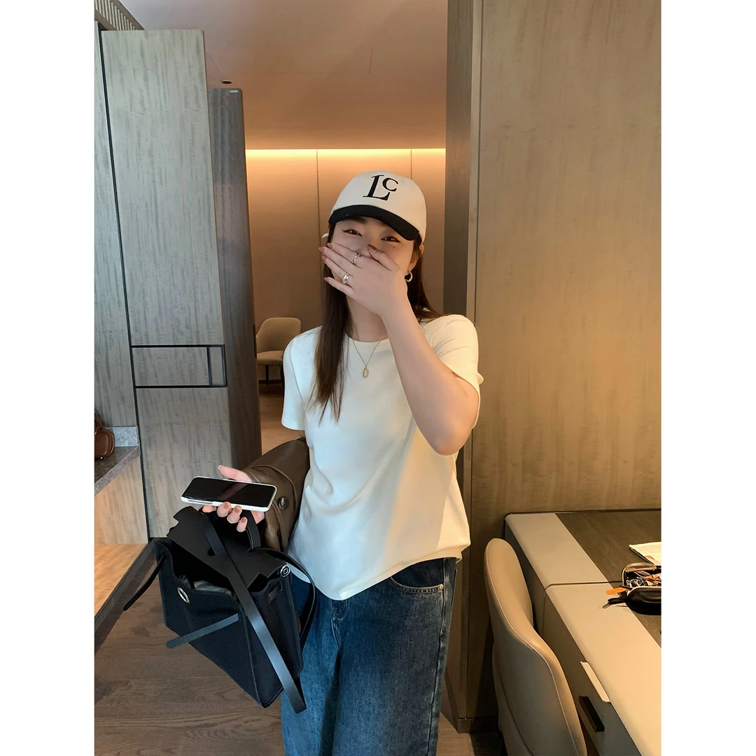 现货4061D大婉酱微胖定制休闲纯色宽松正肩百搭磨毛圆领短袖上衣
