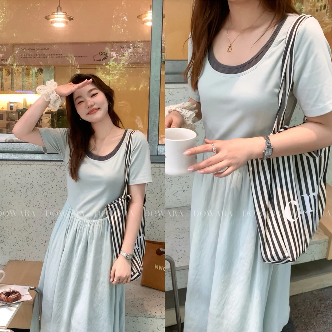 现货6215D大婉酱微胖定制 【天鹅颈】方领假两件拼接连衣裙收腰长裙