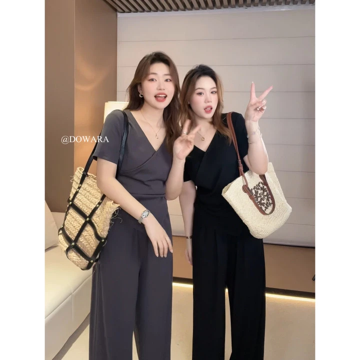 大婉酱微胖定制 韩系不规则显瘦上衣休闲拖地阔腿裤遮肉套装6083D