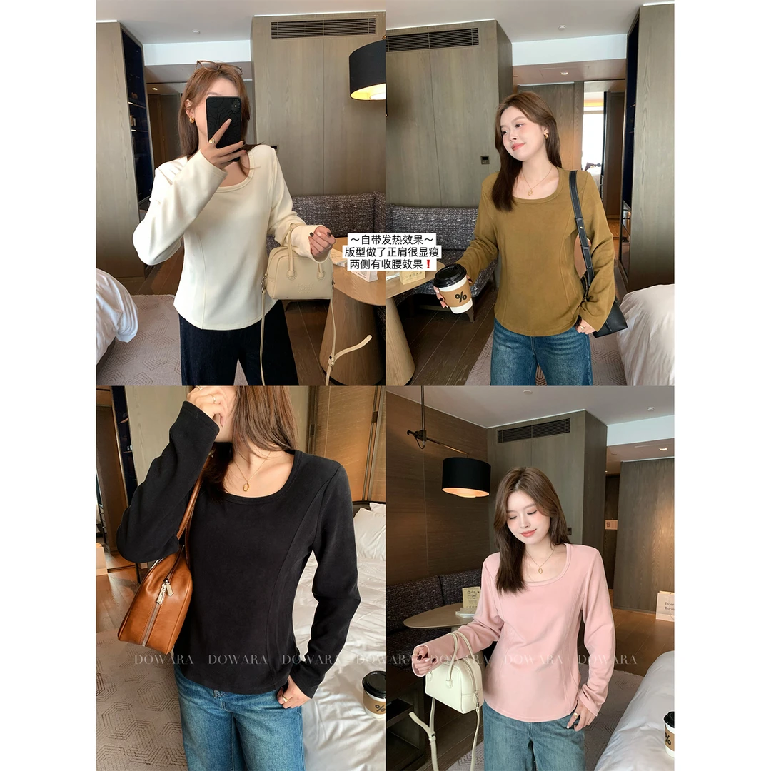 大婉酱微胖定制秋冬圆领多色T女莱赛尔长袖百搭发热打底上衣5467D
