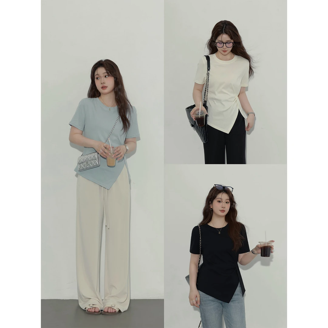 大婉酱微胖定制韩系设计感收腰短袖T恤夏季新款显瘦百搭上衣4941D