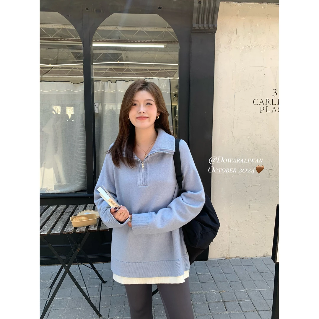 现货大婉酱微胖定制假两件翻领拉链毛衣宽松外穿洋气针织衫 5658D