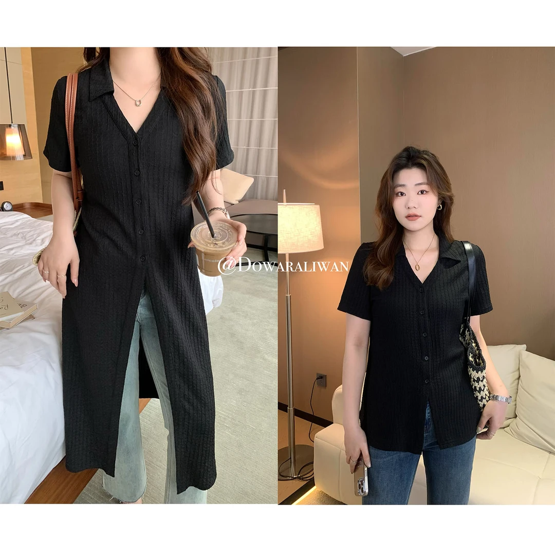 大婉酱微胖定制V领肌理感裙衫夏季新款法式气质小众显瘦上衣6065D