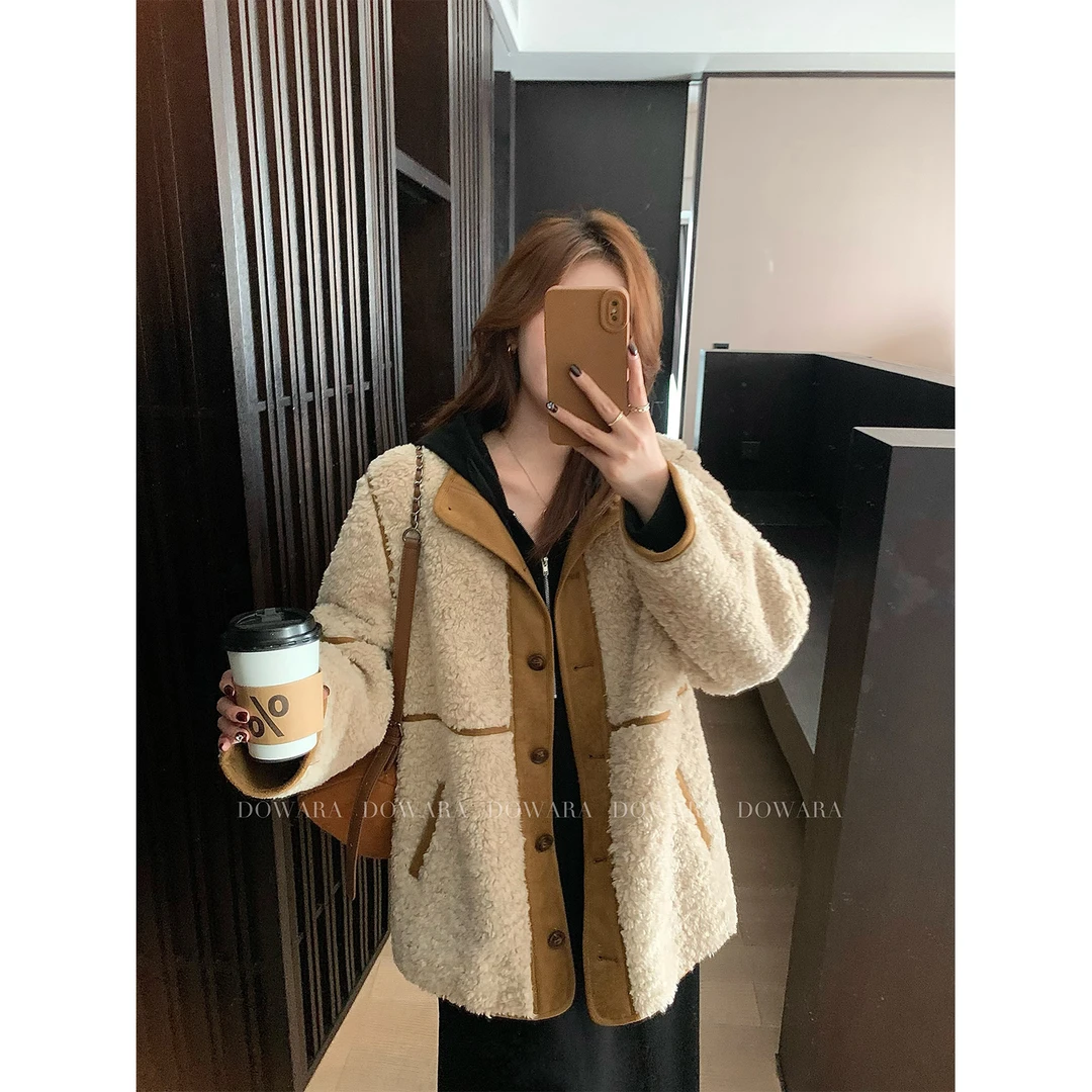 现货大婉酱微胖定制 假两件拼接毛毛外套韩系设计感休闲上衣7345D