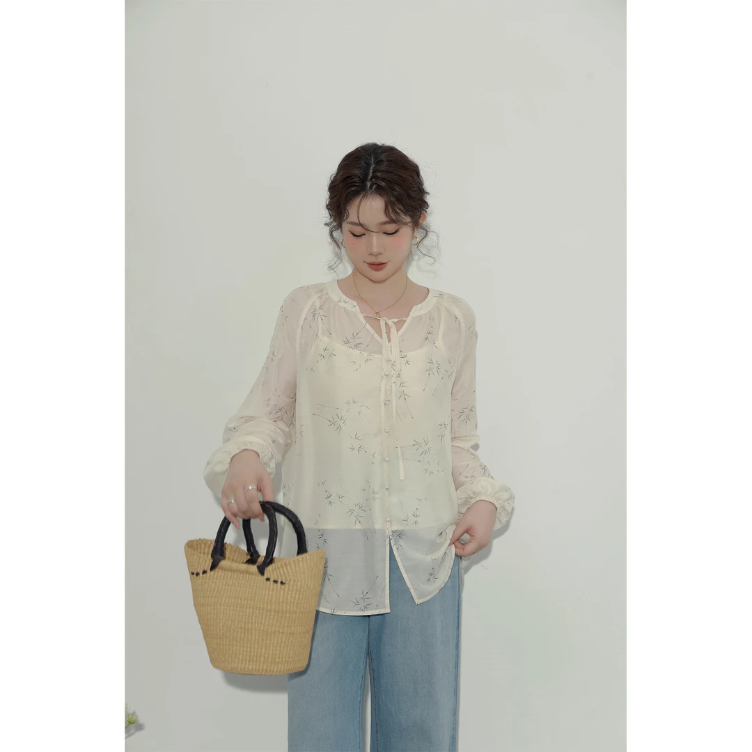 大婉酱微胖定制 新中式国风两件套V领碎花长袖衬衫+吊带背心6053D