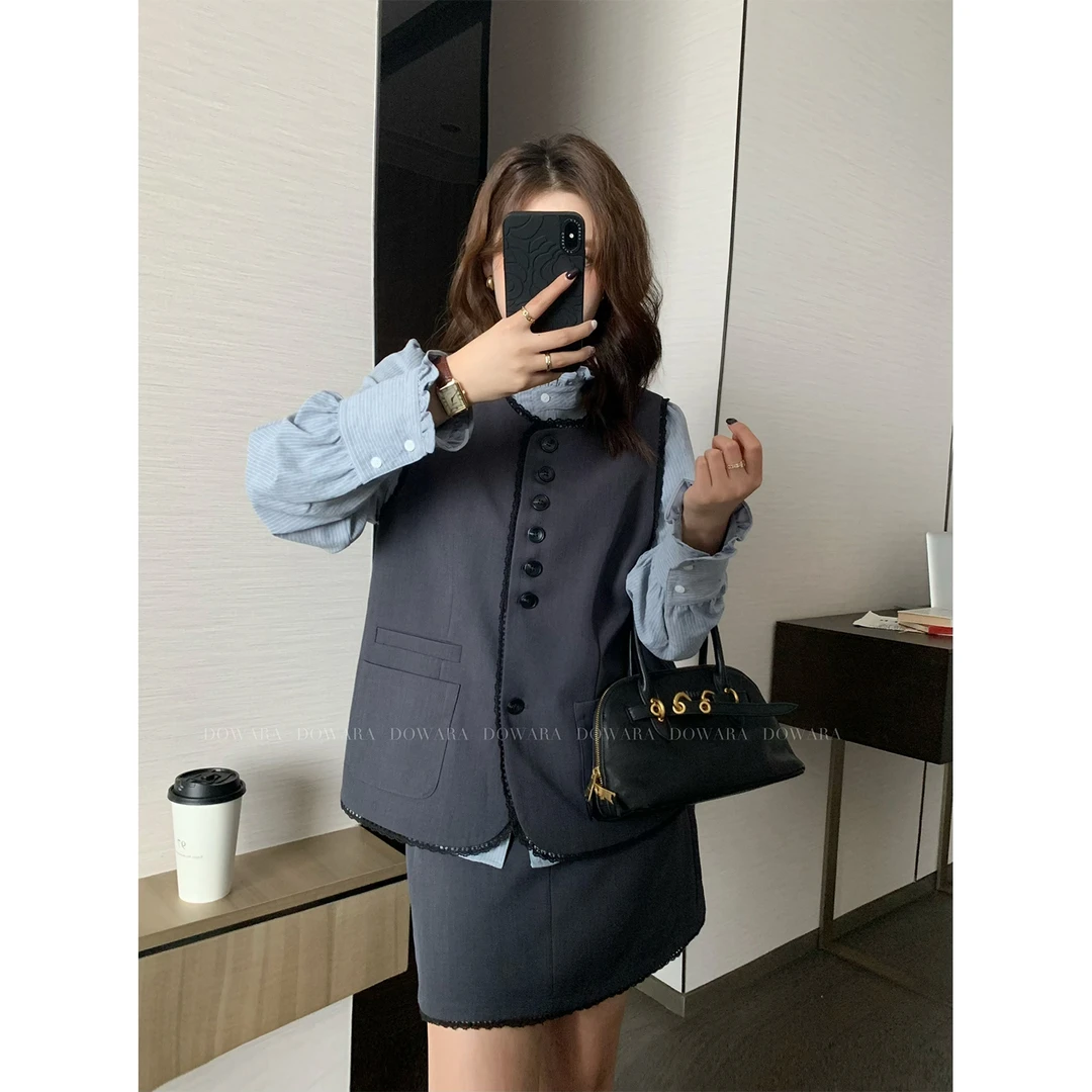 大婉酱微胖定制 韩系蕾丝边马甲半裙套装秋季气质百搭两件套7177D