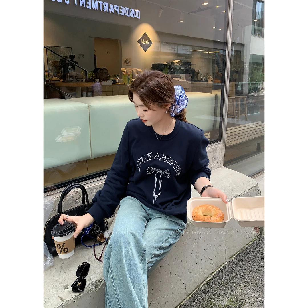 大婉酱微胖定制 韩系松弛感圆领套头卫衣女早秋百搭印花上衣5248D