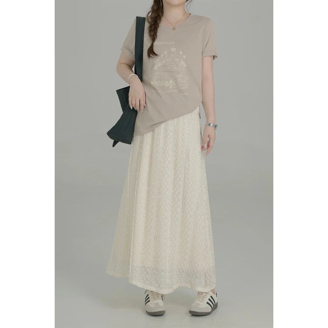 大婉酱微胖定制 夏季蕾丝半身裙女纯色肌理感松紧腰气质长裙5051D