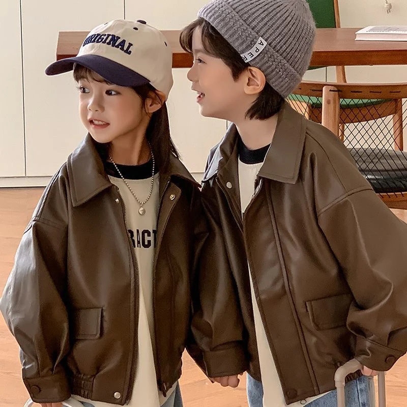 耀选专属儿童皮衣外套2025春季男女童纯色皮夹克儿童韩版机车服