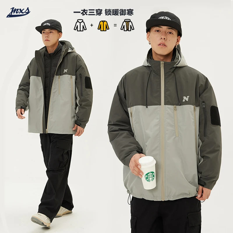 江南先生日系复古撞色三合一90白鸭绒羽绒内胆冲锋衣外套JNXS4778