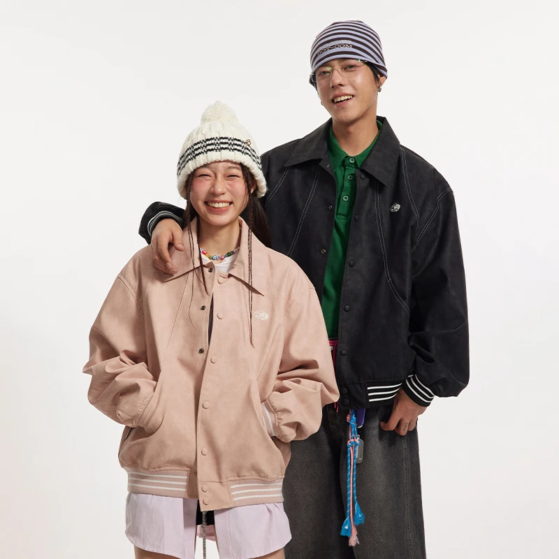 {青}美式复古刺绣分割皮衣外套男女秋季休闲宽松情侣外套JN43J29