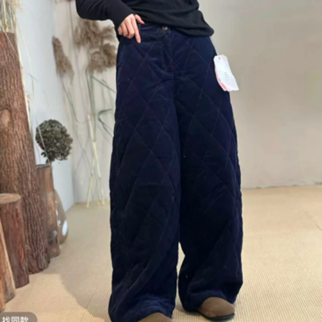 241132忆古朴拙冬季纯棉切格宽松棉裤复古百搭条绒夹棉保暖直筒裤