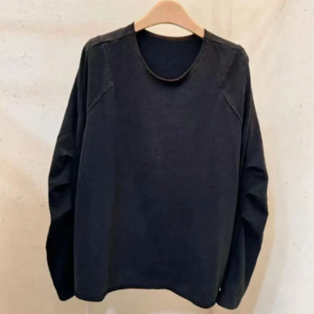 忆古文艺做旧棉麻圆领长袖T恤手工缝线百搭