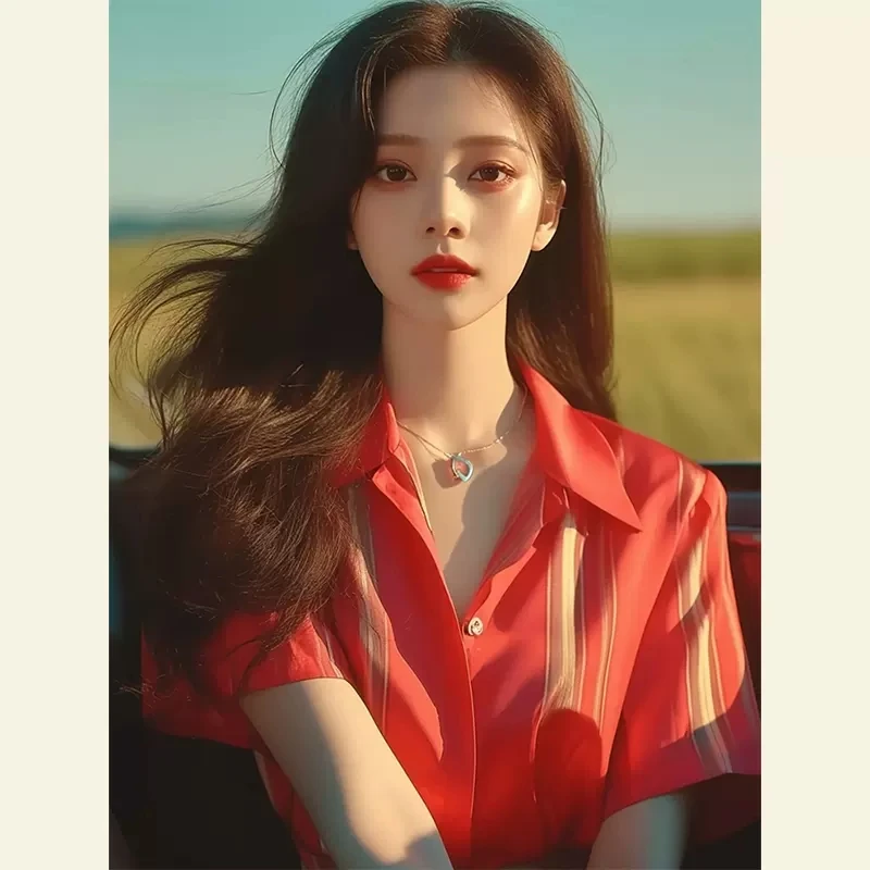 2024年夏季新款洋气独特别致绝美上衣超好看法式红色短袖条纹衬衫