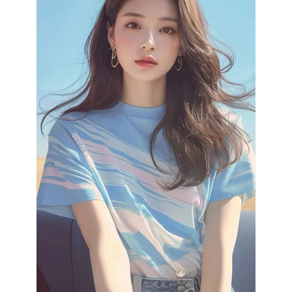晕染撞色奶蓝色短袖T恤女夏季2024新款小众设计感法式绝美小上衣