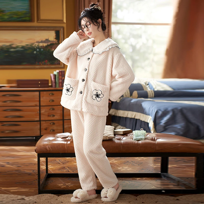 梦舒睡衣女冬季新款长袖套装加厚法兰绒家居服套装YIC-XYSG238