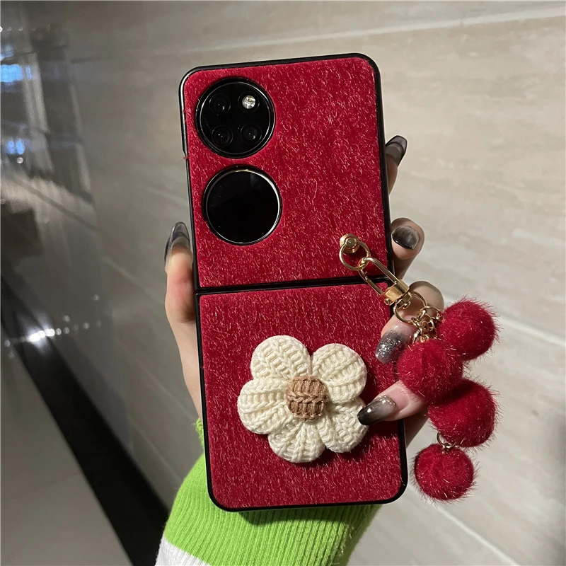 华为p50pocke手机壳折叠屏新年红奢华花朵PocketS毛绒时尚保护壳