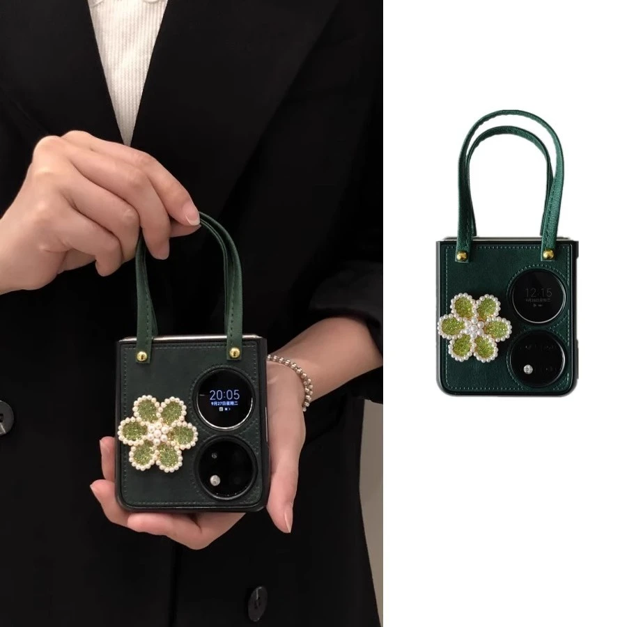 适用于华为P50 Pocket 2手机壳奢华祖母绿皮质珍珠花手提式保护套