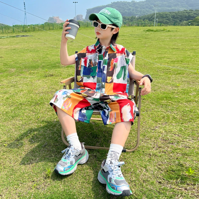 男童夏季衬衫套装2024新款儿童装夏装短袖薄款大童男孩痞帅时髦潮