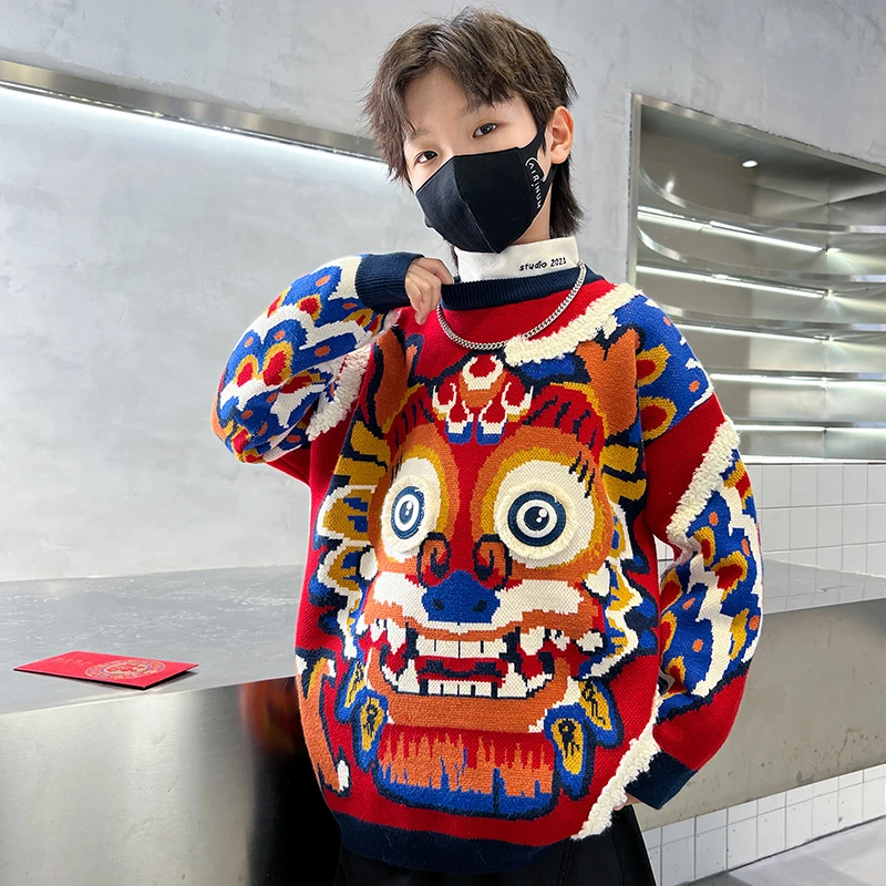 男童毛衣2024新款秋冬款大儿童冬季拜年服龙年红色套头男孩冬装潮