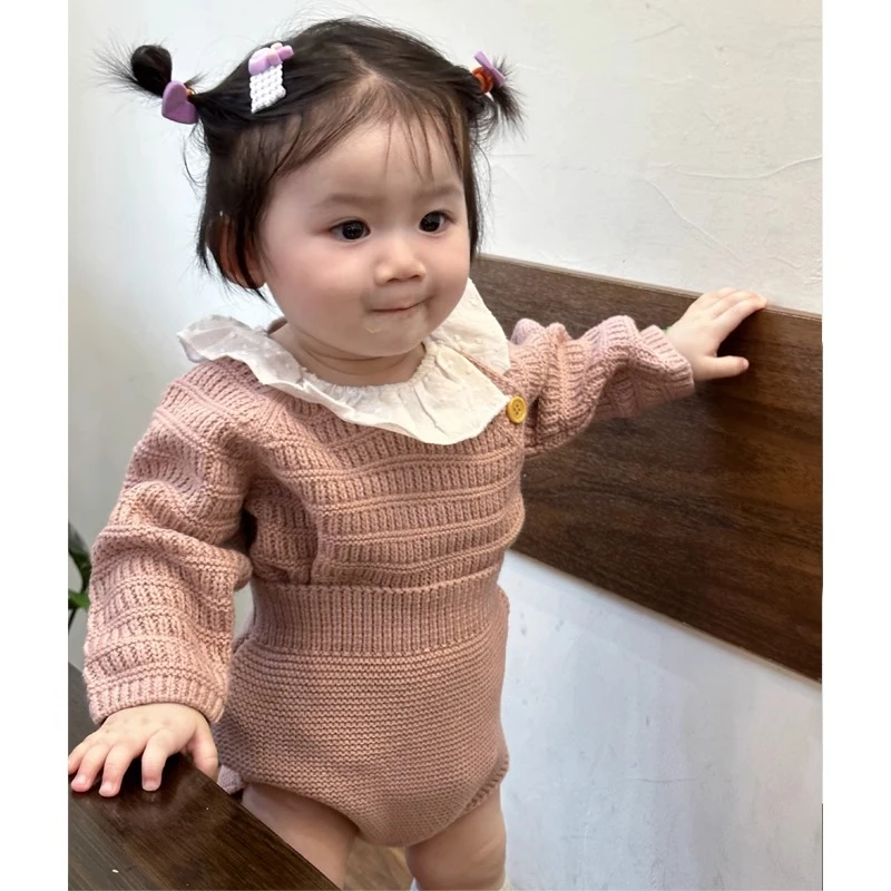 ins秋冬新款婴幼儿针织荷叶领上衣+纯色短裤女宝宝洋气两件套装