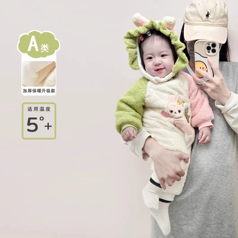 超萌婴儿服冬款外出加绒爬服女宝宝可爱加绒保暖哈衣冬天加厚抱衣