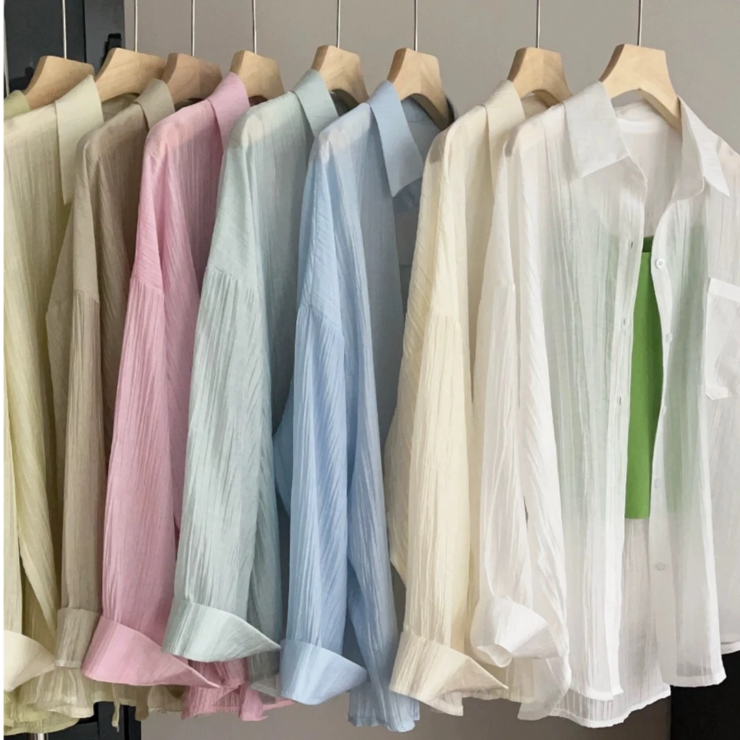 美丽13色【夏】防晒氛围感褶皱薄款长袖宽松显瘦衬衫时尚【只有衬衫】