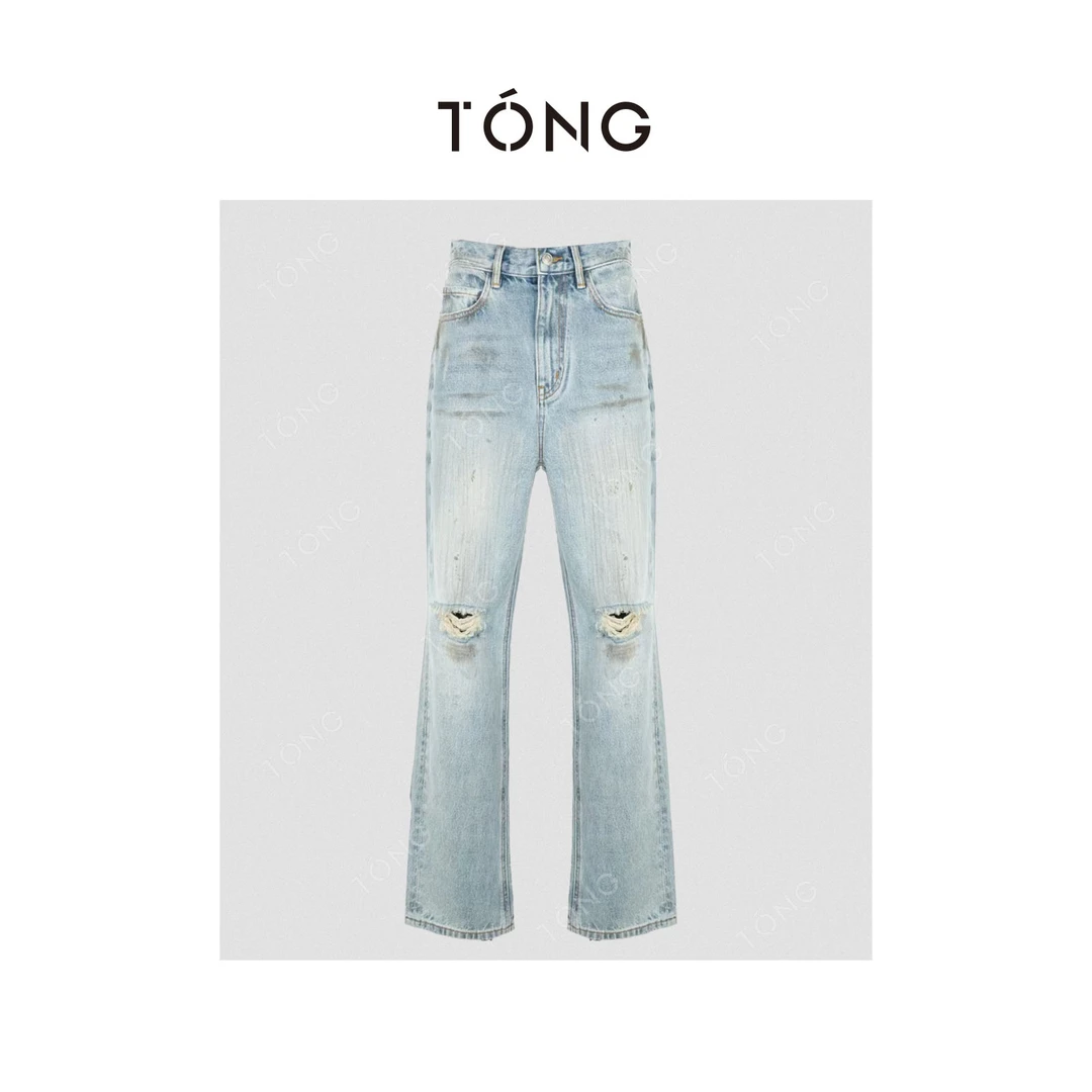 【小破烂】进口牛仔面料破洞款直筒显瘦牛仔裤 GA0069