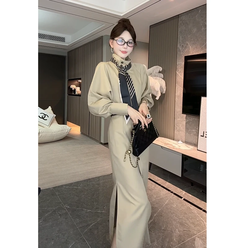 新款高级感立领风衣连衣裙女秋季心机法式宽松长款外套8816