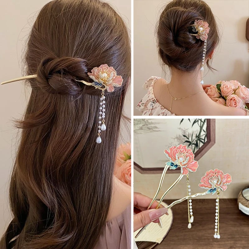 古风牡丹花发簪女国风网红流苏盘发簪子高档新中式简约U型发钗子
