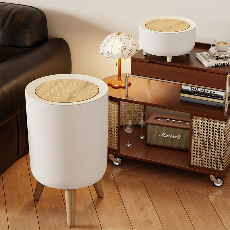 新中式垃圾桶家用厨房卫生间带盖复古木纹卫生间厕所大号加高纸篓