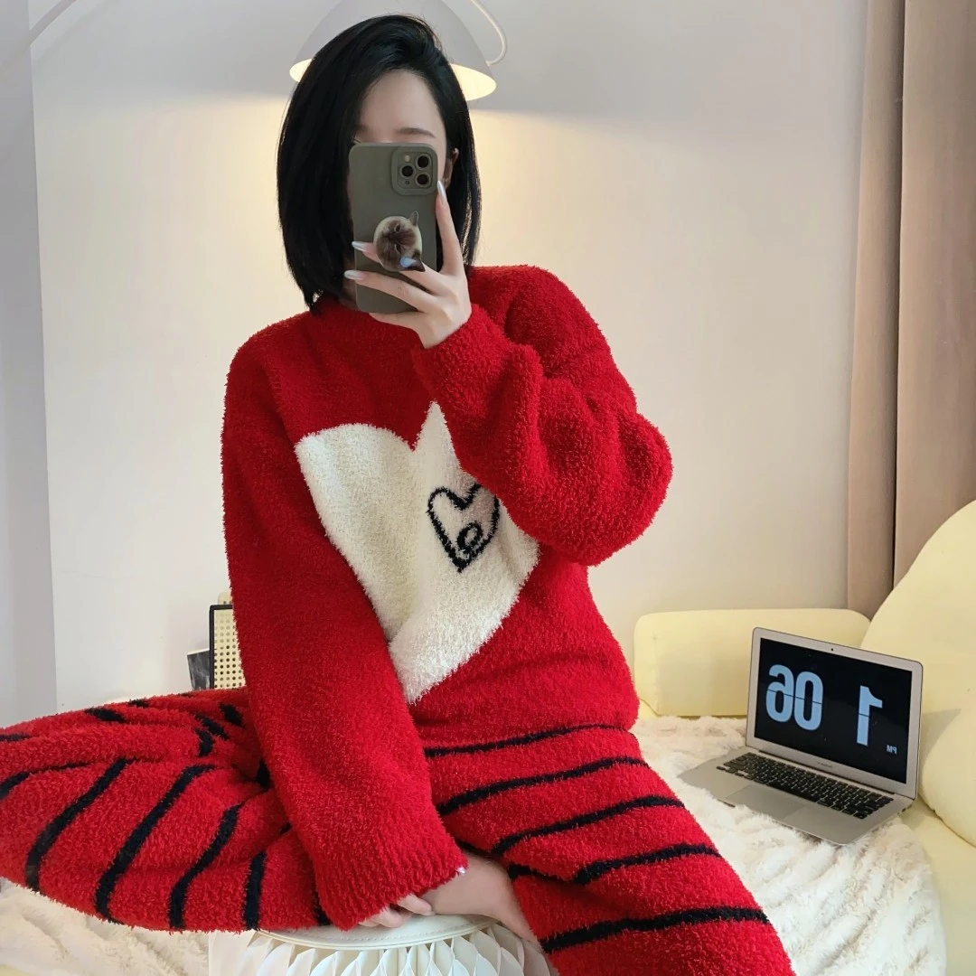 红色爱心软绵绵半边绒睡衣女士秋冬保暖加厚羽毛纱长袖家居服套装